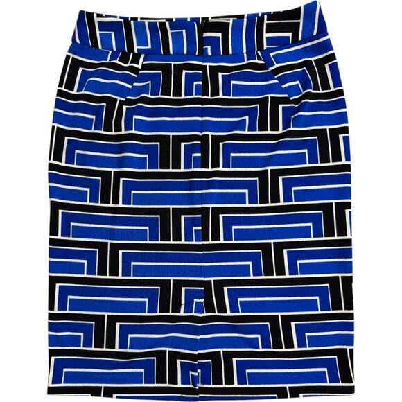 Premise Straight Pencil Skirt Size 8 Blue Black & White Geometric Pattern Slit - Picture 9 of 9